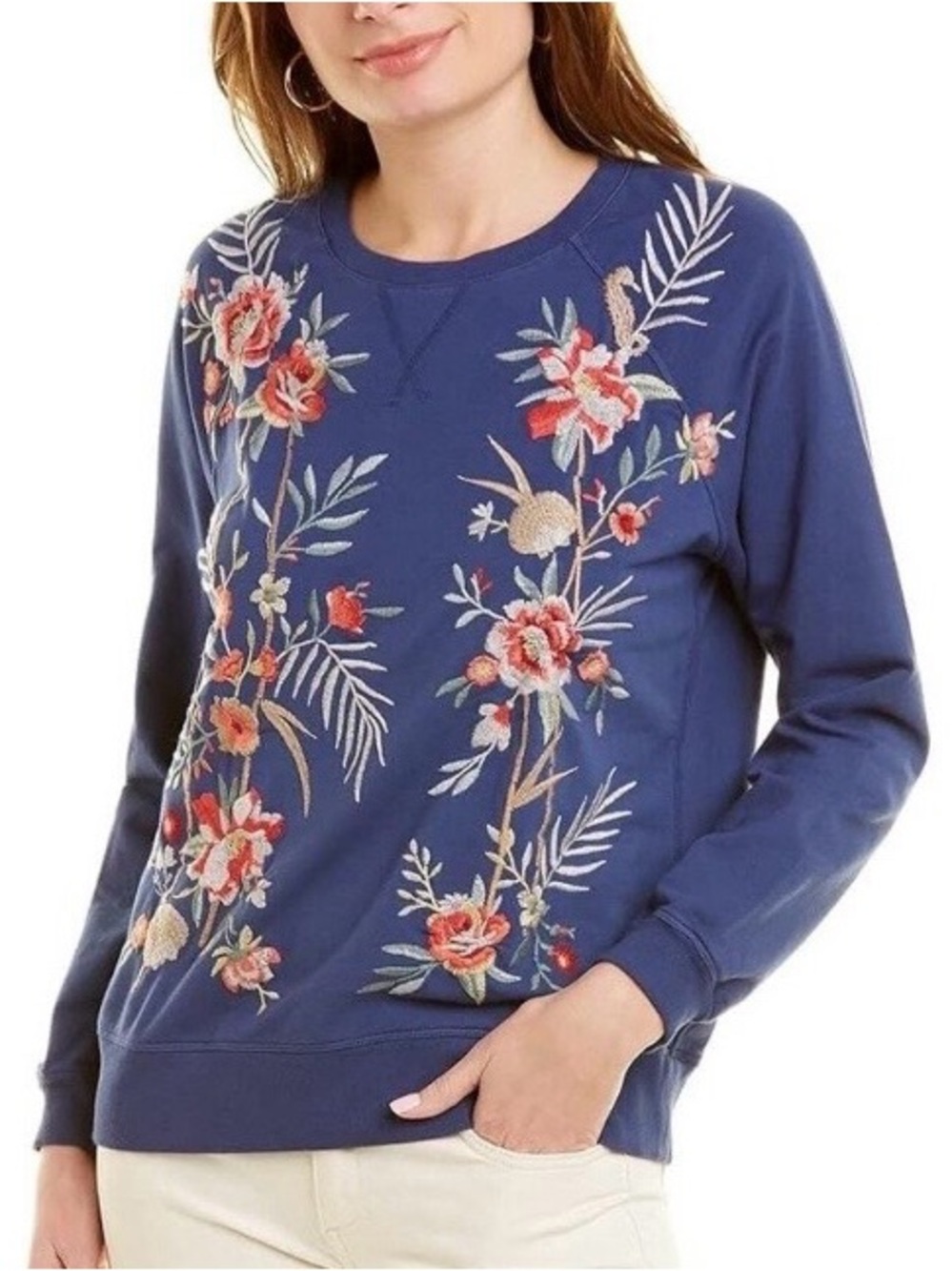 Johnny Was Caspian Raglan Embroidered Sweatshirt Navy 3X AS IS